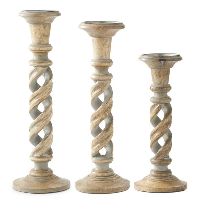 Gray Washed Wood Spiral Cutout Candle Holders - Set of 3