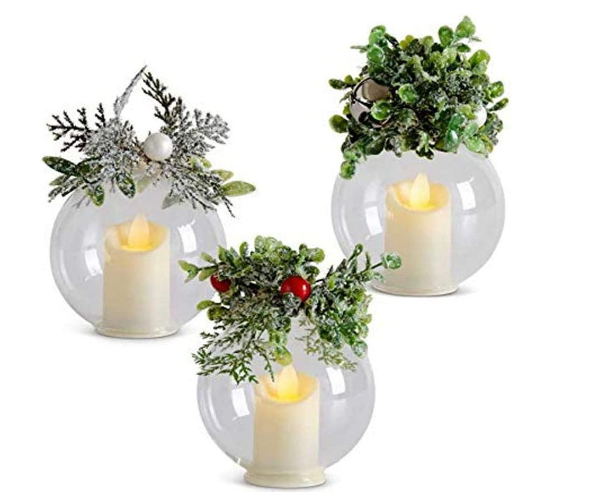 Mistletoe/Pine Glass LED Flicker Ornaments -3 Styles