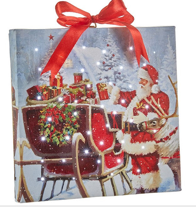 SANTA WITH SLEIGH LIGHTED PRINT ORNAMENT WITH EASEL BACK